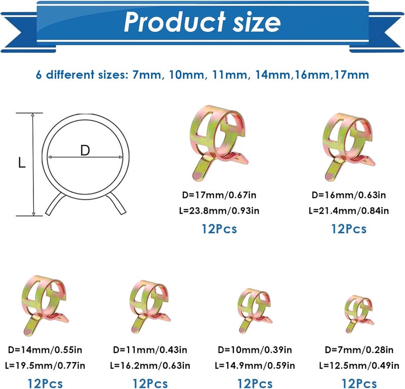 Eoppen 72Pcs Spring Hose Clamps Fuel Line Silicone Vacuum Hose Low Pressure Air Clamps & Sleeving Automotive Replacement Fastener Assortment Kit 6 Sizes (7mm 10mm 11mm 14mm 16mm 17mm) - Image 2
